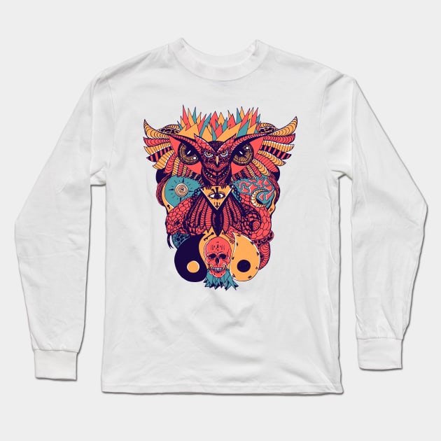 Retro Triad Wise Owl And Ageless Skull Long Sleeve T-Shirt by kenallouis